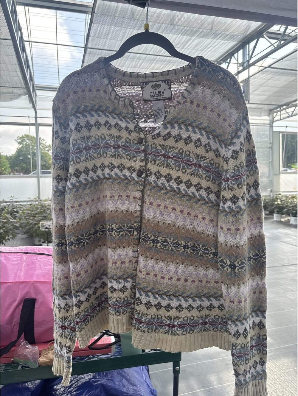 Tiara International Medium Cardigan 55% Ramie 45% Cotton Multi-Color Patterned
